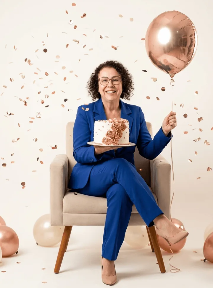 Retrato de aniversário com terno azul e balões