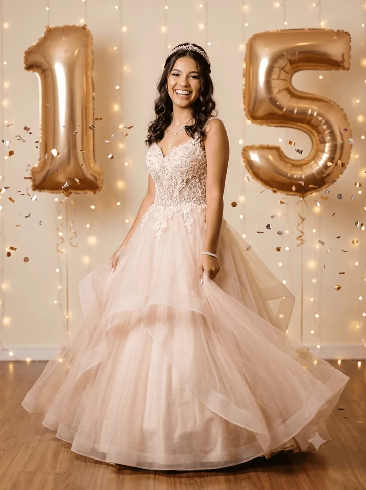 Ensaio de quinze anos com vestido e balões