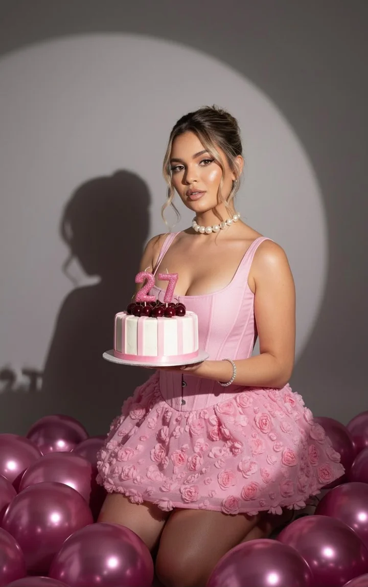 Ensaio de aniversário com vestido rosa, bolo e balões