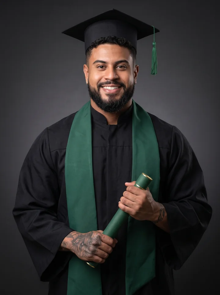 Retrato de formatura com beca preta, faixa verde e diploma